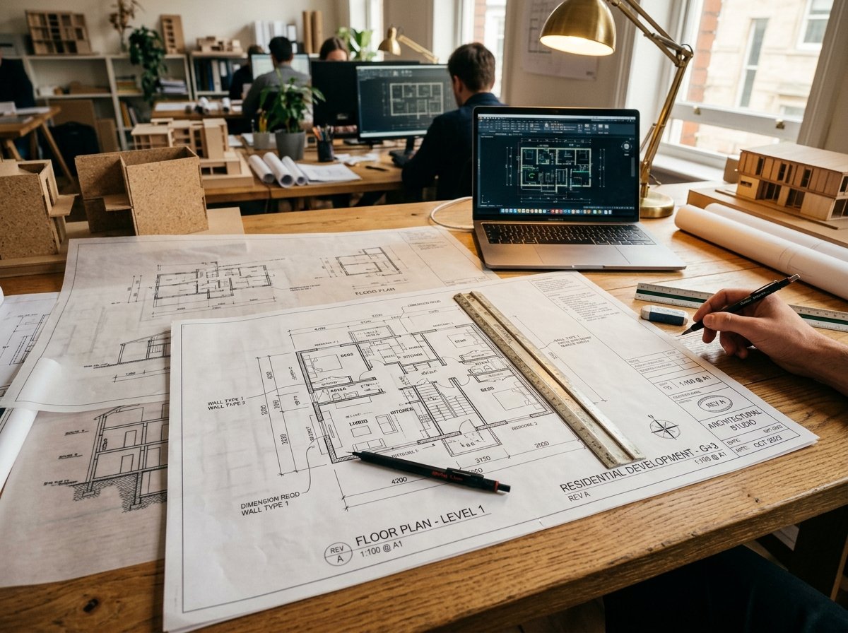 Architectural drawings and blueprints on studio desk